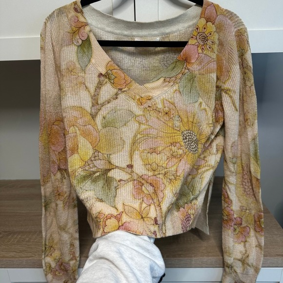 Anthropologie The Dreamer Printed V-Neck Cropped Linen Blend Sweater Size Small - Picture 3 of 9